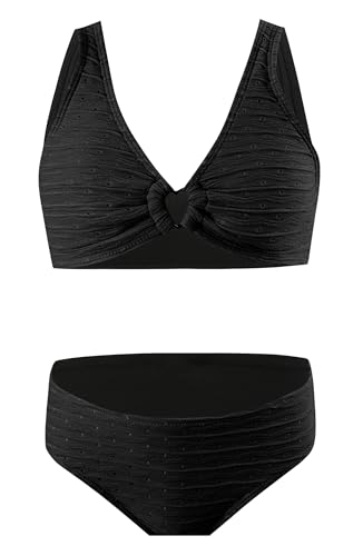 Image of Girl's Cute Two Piece Bikini Set High Waisted Bathing Suits V Neck Bikini Sets Ribbed O-Ring String Swimsuits Black 12-13 Years