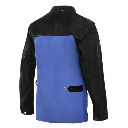 QeeLink Schweißjacke, geteilte Lederärmel, hochwertige, schwer entflammbare Baumwoll-Körperschweißjacken, Blau und Schwarz, L