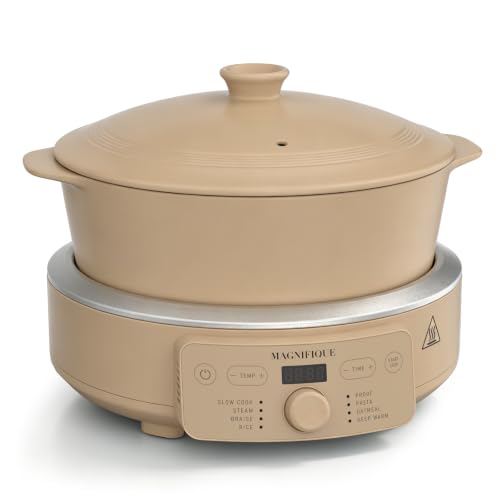 Image of MAGNIFIQUE Slow Cooker, 4.5 Quart 8-in-1 Clay Pot Multi-Cooker, Non-Toxic Slow Cooker with Removable Clay Pot, for Rice, Pasta, Steam & Proof, Nonstick, Oven Safe Pot to 500F, Brown