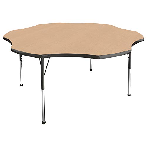 Image of FDP Flower Activity School and Office Table (60 inch), Standard Legs with Ball Glides for Collaborative Seating Environments, Adjustable Height 19-30 inches - Maple Top and Black Edge