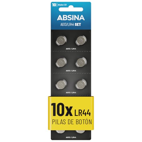 ABSINA 10x AG13 LR44 Pilas de Boton - 1,5V Alcalinas a Prueba de Fugas y de Larga duración - LR1154 / L1154 / L1154F / G13 / G13A / 13GA / 157 / V13GA / PX76A / RW82 - Pilas Boton LR44, Pilas LR44