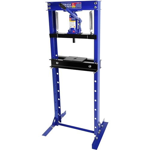 Image of Hydraulic Shop Press 12T, H-Frame Bearing Shop Press, Adjustable Garage Shop Press with 2 Press Plates, Adjustable Working Table Height, Blue