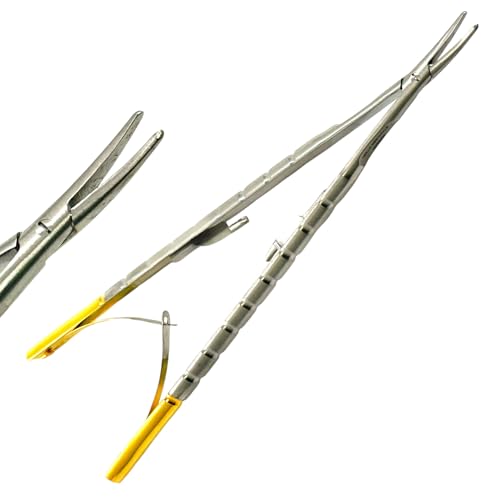 Micro Needle Driver Castroviejo-Barraquer with Curved Smooth Tips, 6in Length, Lock Handle Gold, German Stainless Steel Needle Holder Instrument