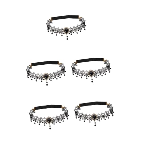 Choker gothique dentelle vintage avec cristal et franges noires (5pcs)
