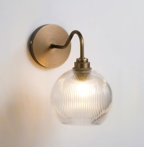 Image of Vintage Antique Brass Wall Sconce with Ribbed Glass Globe Shade, Antique Bronze Finish Gooseneck Sconce for Kitchen Sink, Bathroom, Bedroom (Bulb Included)