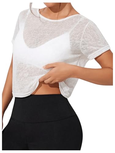 SweatyRocks Women's Twist Cutout Open Back Short Sleeve Sheer Mesh Workout T Shirts Smocked Crop Top2