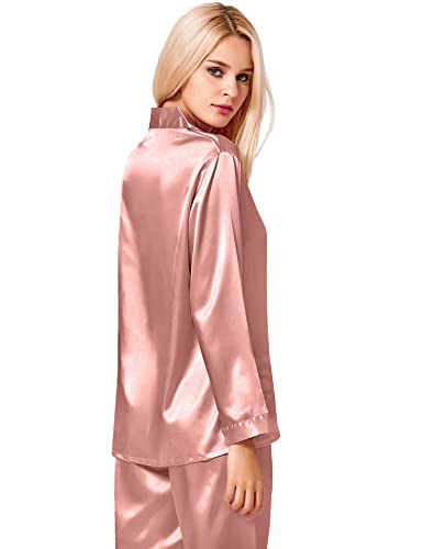 Image of SWOMOG Long Sleeve Pajamas Set Silk Satin Sleepwear Button Down Pjs Loungewear with Pocket