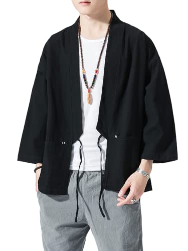 Image of Men's Japanese Kimono Cardigan Loose Cotton Linen 3 /4 Sleeve Open Front Casual Summer Shirt Jackets