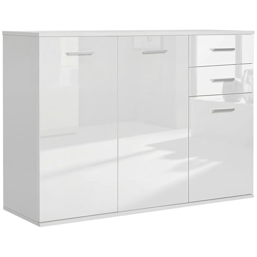 HOMCOM Buffet Salon à Haut Brillance, Meuble de Rangement avec 2 tiroirs, 3 Portes et étagère réglable, Style Contemporain, Buffet Salle à Manger et Cuisine, 106 x...