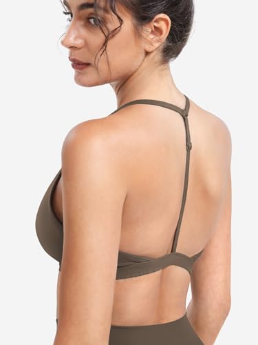 Image of YEOREO CoreFlex Sports Bras for Women Strappy Padded Halter Open Back Light Impact Deep V Neck Yoga Workout Gym Tops