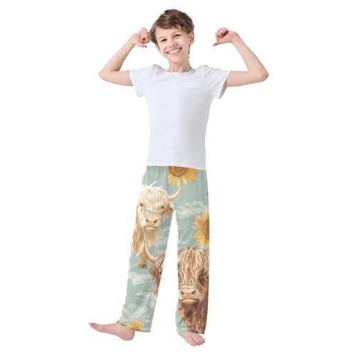 ZZXXB Cow and Sunflowers Boys Long Pants Soft Trousers Elastic Waist Kids Lounge Bottoms with Pockets S-XL2