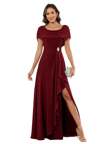 Sukleet Long Burgundy Mother of The Bride Dress with Shawl Ruffles Sequin 2026 Scoop Neck Chiffon Ruched Semi Formal Dresses for Women Size 16