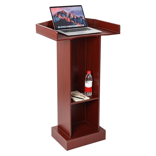 BEQUZON Wooden Podium Lectern Stand with Storage Shelves, Presentation Pulpit for Church Classroom (Reddish Brown)