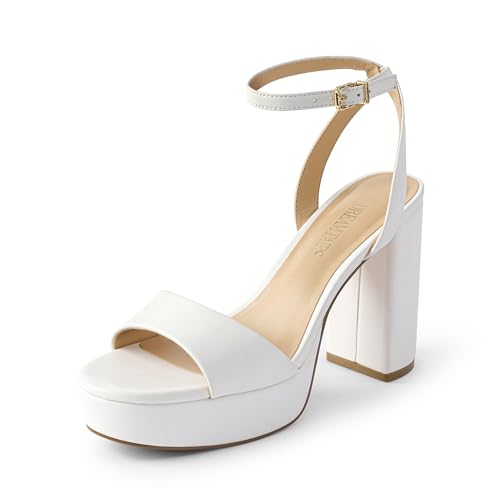 DREAM PAIRS Platform High Heels for Women Chunky Round Open Toe Ankle Strap Stylish Heeled Sandals for Party Prom Wedding 6.5 White-pu