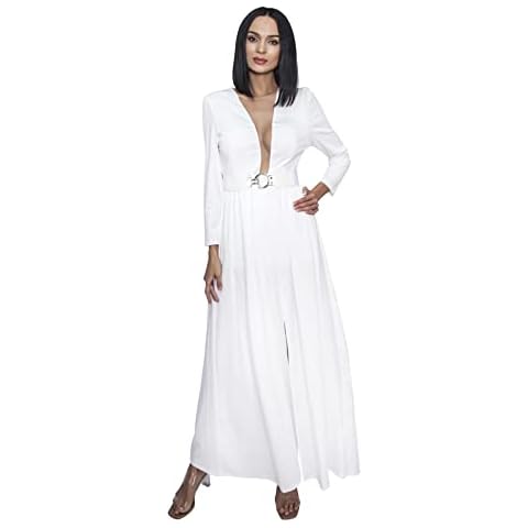ZRSGXG Women's Long Sleeve Deep V-Neck Belt Split Club Banquet Party Dress., White, Small Cover
