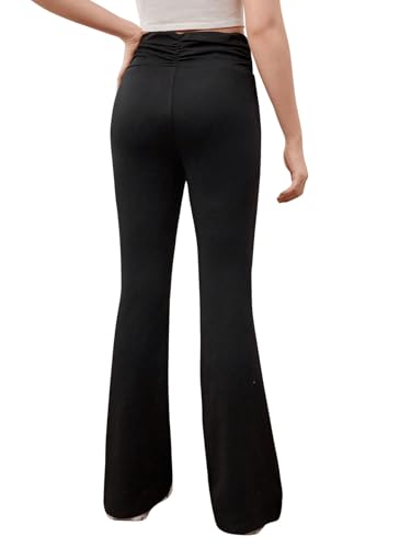 Image of Milumia Teen Girl's Basic Elastic High Waisted Flare Leg Solid Stretchy Pants Ruched Black 10-11Y