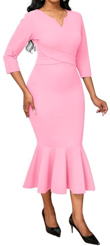 Image of VisiChenup Elegant Dress for Women V Neck Long Sleeve Midi Fishtail Dress | Elegant Dress for Women Long Sleeve Wedding Guest Cocktail Bodycon Dresses with Zipper