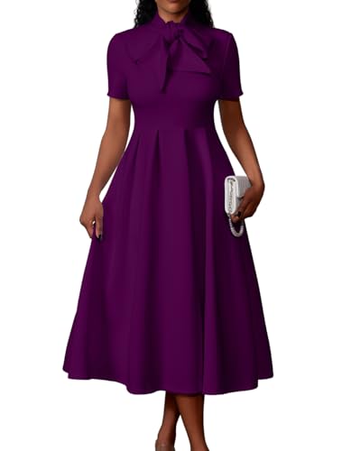 Memoriesea Women's Elegant Casual Short Sleeve Work Party A-Line Dress with Pockets Purple
