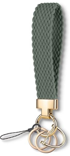 Enrfnox Keychain Wristlet, Stretchy Key Chain for Women Men, Cute Wrist Lanyards for Car Keys, Wristlet Strap with 2 Keyrings and D Ring (Pine Green)