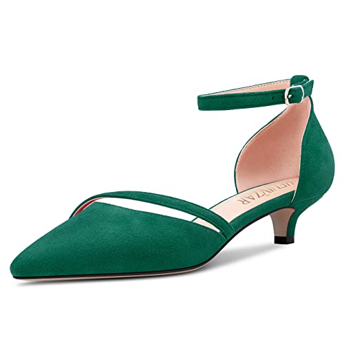 HEUIVZAR Womens Heel Pumps Pointed Toe Kitten Low Heel Ankle Strap Sandals Suede Dress Shoes Bridal 1.5 Inch
