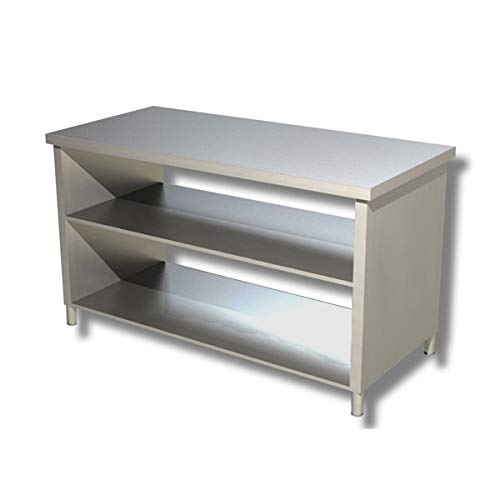 Tavolo inox su fianchi con ripiano di fondo e intermedio, senza alzatina posteriore. Prof. 70-200x70x85H, SENZA ruote