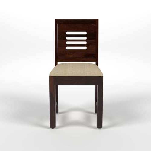 Image of Solid Sheesham Wood Dining Chair for Living Room & Dining Room | Wooden Chair with Upholstered Cushion Seat | Slatted Backrest