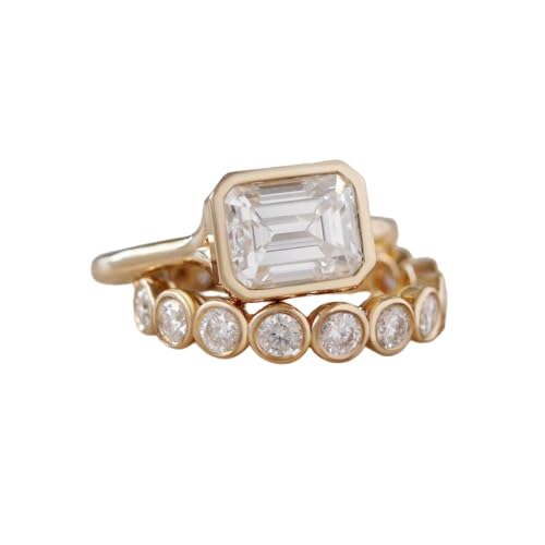 SILVERWORLDSHOP 3 Ct Emerald Cut Diamond Delicate Bezel Set Bridal 2 Pcs Stacking Matching Wedding Band Engagement Rings Set For Women 14K Yellow Gold Plated 925 Sterling Silver Handmade Gift For Her