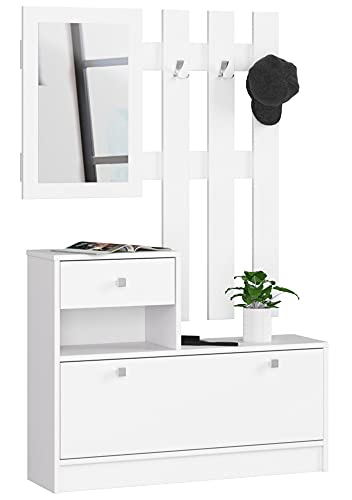 AKORD | Guardaroba Completo 2 Pezzi | Scarpiera con Piano e Cassetto 90 x 70 x 25 cm | e Appendiabiti a Muro con Specchio 90 x 100 cm | Set Completo Ingresso | Peso 39 kg | Bianco