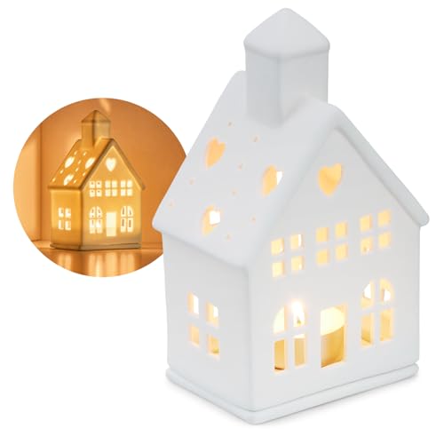 com-four® Teelichthaus aus Porzellan - Häuschen aus mattem Porzellan...