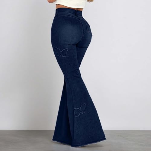 Bell Bottom Jeans for Women Butterfly Embroidered Graphic Elastic High Waisted Jean Raw Hem Denim Pants with Pockets2