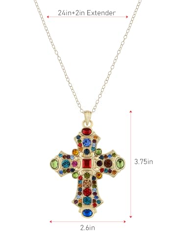 Image of Alilang Ornate Antique Golden Tone Colorful Rhinestone Cross Pendant Necklace