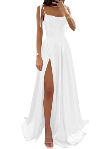 Vestidos de dama de honor de satén con cuello drapeado para mujer, tirantes delgados, vestidos formales para fiesta de graduación, vestidos formales con abertura larga KQW018, blanco, 56 Grande