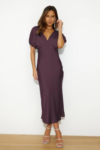 Image of Summer Satin V Neck Puffy Sleeves Empire Waist Midi Dresser Silk Sexy Tie Back Formal Cocktail Dresser for Women Wedding