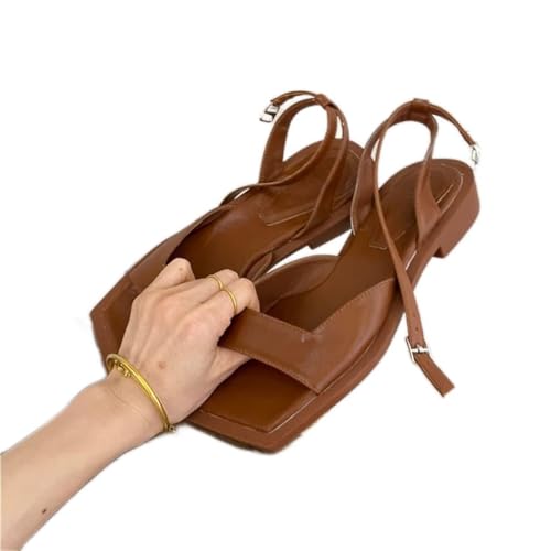 Square Toe Ladies Flats with Shoes Sandals Buckle Strap Female Casual Outdoor Slides Women Flat Sandal(C,37)