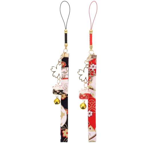 Awleynz Porte-clés porte-bonheur pour téléphone portable, chat porte-bonheur chinois, anime japonais, pour voiture, sac, portefeuille, rouge et noir, S,...