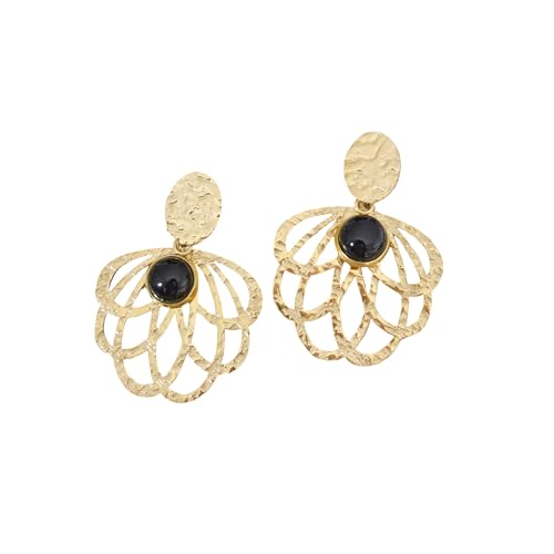 Boucles d'oreilles onyx noir et acier doré texturé à motif feuilles