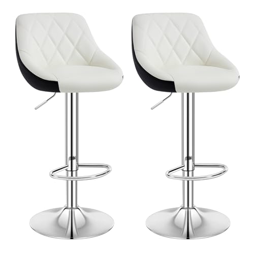 {Taburetes Altos de Cocina Blanco y Negro Taburetes Altos WOLTU Taburetes Cocina, Set de 2 Taburetes Altos Bar, Silla Giratoria PU con Reposapies, Taburete con Respaldo y Base Redonda...