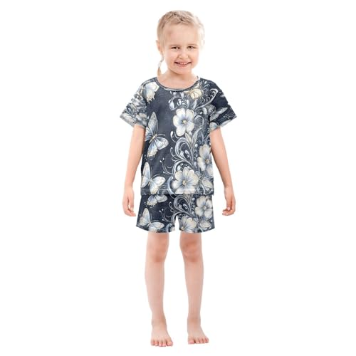 Short Sleeve Pajamas Sets Summer Cotton Sleepwear Denim Background Ornate Floral3