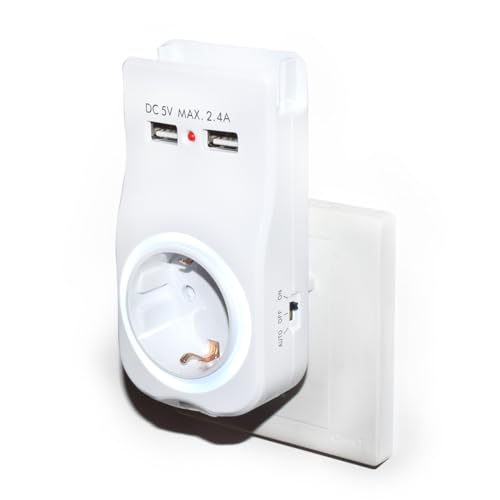 Doppelstecker für Steckdose mit USB,Mehrfachsteckdose mit 1 Schuko 16A und 2 USB Netzstecker, Steckdosenadapter für Laptop/Smartphone, Multiplug für Heim und Büro,LED-Anzeige,Tag&Nacht Sensor,Weiß
