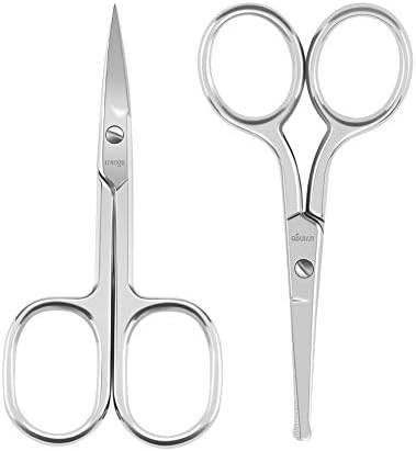 LIVINGO Premium Curved and Rounded Nose Hair Scissors for Men, 2 PC Set Nail Cuticle Manicure Scissors Shears Kit for Beard/Mustache, Ear, Facial Hair, Eyebrows, Eyelashes for Women
