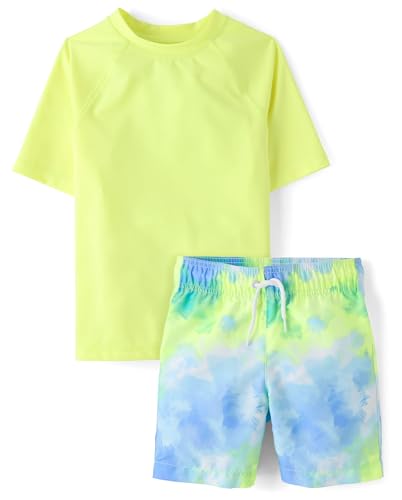 The Childrens Place Boys Short Sleeve Rashguard and Swim Trunk 2-Piece Set Tie Dye Yellow Small