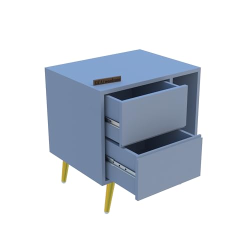 Image of Wooden Bedside Table for Bedroom | Wooden Bed Side Nightstand Lamp Table with 2 Drawers & Open Shelf Storage for Home & Hotels | HDMR Premium Wood & Iron Legs(Matte Slate Blue)