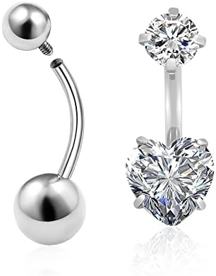 TGNEL 2pcs G23 Pure Titanium Ball and Heart Shaped CZ Belly Button Rings Petite Navel Ring for Women Body Piercing Jewelry 14G ASTM F136 Belly Rings 10mm Belly Bars
