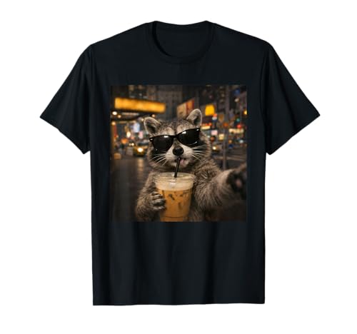 Raccoon Drinking Iced Coffee Funny Animal Meme Men Women T-Shirt