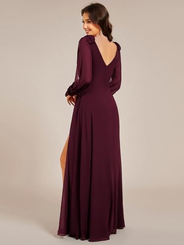 Image of Ever-Pretty Women's Fall Winter Formal Wedding Guest Dress Long Sleeve V Neck Chiffon Floor Length Bridesmaid Dresses 80116