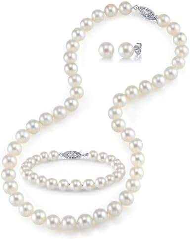 The Pearl Source 14K Gold Pearl Jewelry Set for Women - Freshwater Pearl Necklace and Earring Set with Pearl Bracelet | Genuine Cultured Pearls