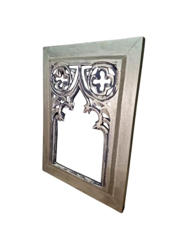 Image of Antique Black Hand Carved Wooden Jharokha Wall Mirror Frame for Home & Bedroom Decor - Traditional Arch Design (12x9 Inch) (Golden Antique)