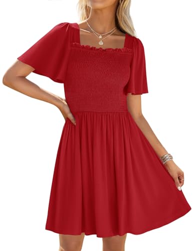 ZESICA Women's 2025 Summer Casual Mini Dress Flutter Short Sleeve Square Neck Smocked Tiered Ruffle Flowy Dresses