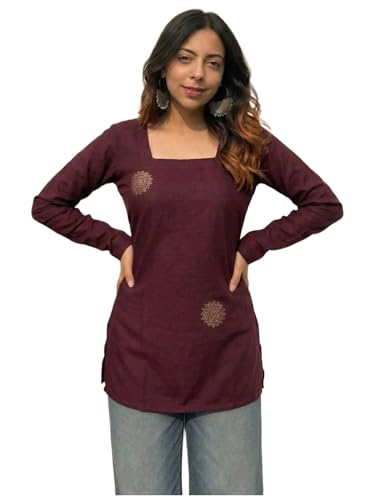 Image of ANNI Designer Women's Viscose Blend Printed Short Kurti | Straight Fit Ethnic Top with Square Neck | Bell Sleeve Indian Kurta for Office College, Party