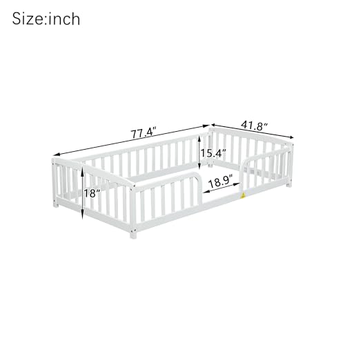 Image of Bellemave Twin Size Montessori Floor Bed Frame with High Fence, Solid Wood Kids Floor Bed with Central Entrance, Low Profile Bed for Boys & Girls, Rounded Corner Design,White